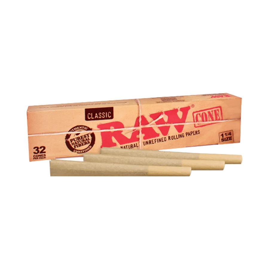 Raw Classic Natural Unrefined Pre-Rolled Cones 1 1/4 Size 32pack